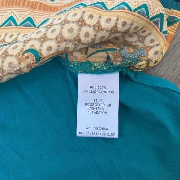 DR2 by Daniel Rainn Boho Floral Print Blouse Size L - Teal/Mustard Yellow - NWT - Picture 8 of 9